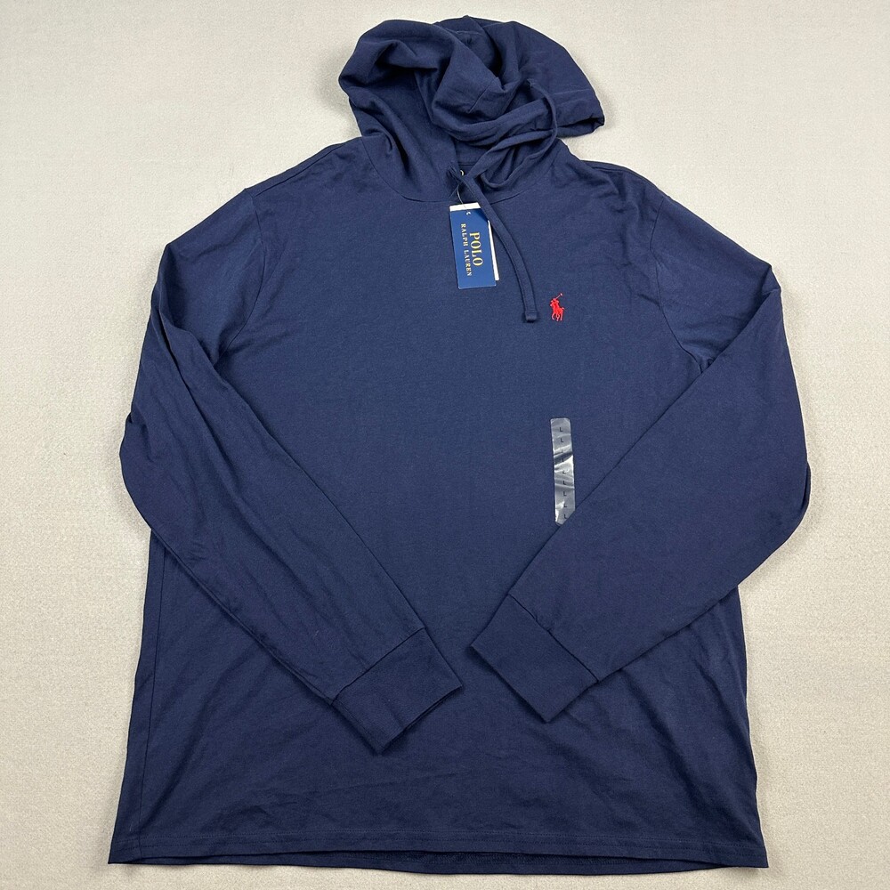 Polo Ralph Lauren Shirt Men Large Navy Blue Solid Pullover Tee Red Pony Hood L